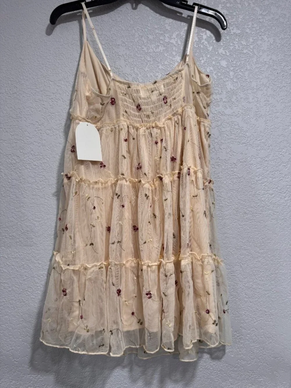 Embroidered Floral Mesh Tiered Dress With Adjustable Spaghetti Straps